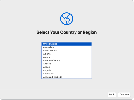 A screen in Setup Assistant showing options to select a user’s country or region.