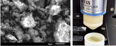 Left:  SEM image of small Olivine grains obtained after milling [1]. Right: Confo-cal Raman microscope, here used for examining a large olivine pebble. Grinding the latter into 10-100 μm-scale grains should strongly enhance the dis-solution rate while still allowing optical microscopy.