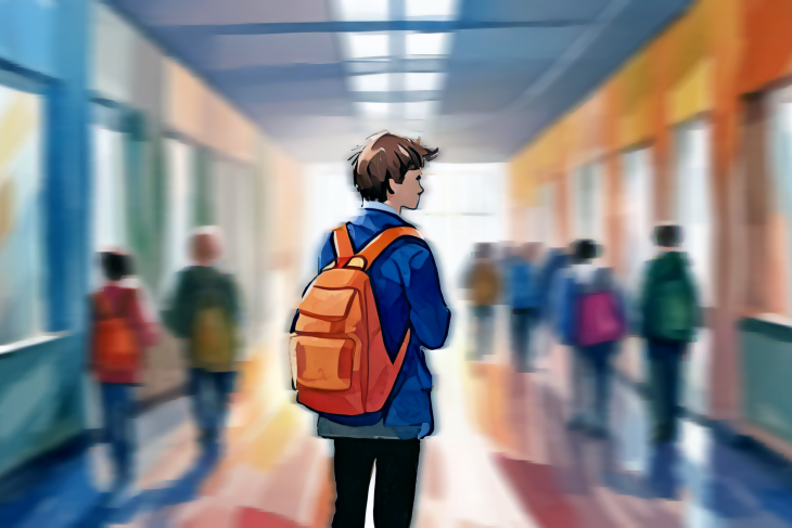 Student walking alone through school corridor