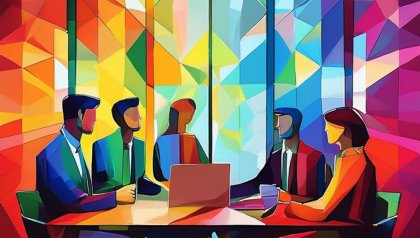 abstract plaatje van 5 mensen die een meeting hebben tegen een regenboogachtergrond