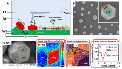 Figure 1. a) Experimental setup sketch for the measurements dynamic AFM in Electrochemical cell. b) SEM image of dewetted, faceted Pt NPs formed on a SrTiO3 single crystal substrate (unpublished data from Harsha et al.7 c) SEM image on SrTiO3 nanocrystal; 2D charge map across (100) and (110) facets (red: positive charge, blue:-negative charge); Oscillatory hydration forces show that water molecules are more ordered on (110) facet (higher amplitude) High-resolution phase image of corner between several facets displaying steps and domains of crystalline and disordered structure. Inset: atomic resolution topography images on (100) facet in liquid. It displays a vacancy defect and square lattice in agreement X-ray resolved structure. (data from Su et. al.4)